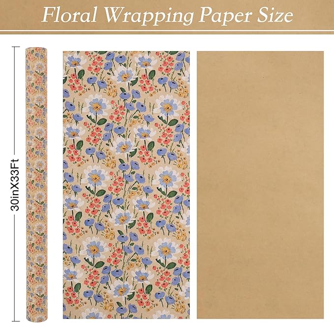 Aimyoo Kraft Floral Wrapping Paper Roll - Jumbo Roll - 30 Inch x 33 Feet - All Occasion Vintage Flower Gift Wrap Paper for Mother's Day Wedding Birthday Bridal Shower