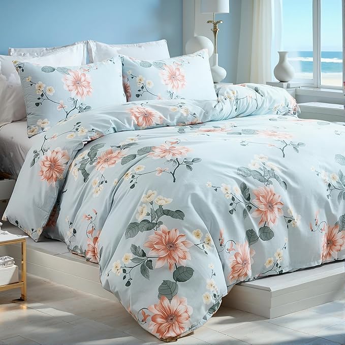Blue Floral Duvet Cover Queen Size 100% Soft Cotton 3 Pieces French Country Chic Garden Style Luxury Blossom Floral Vibrant Pattern Reversible Flower Duvet Cover with Zipper Closure