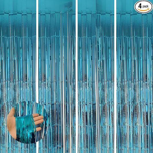 Keyali 4 Pack 3.3 * 8.3 ft Foil Curtain Metallic Tinsel Fringe Curtains Photo Booth Props Backdrop for Birthday Wedding Engagement Baby Shower Christmas Holiday Celebration Partyl,Light Blue