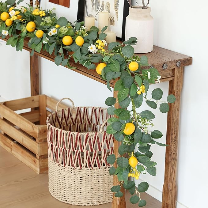Mizii Artificial Lemon Garland 6FT Fake Fruit Lemons Garland with Green Eucalyptus Leaves Hanging Vines Greenery Decorations for Kitchen Table Centerpieces Room Wall Party Birthday Decor (Eucalyptus)