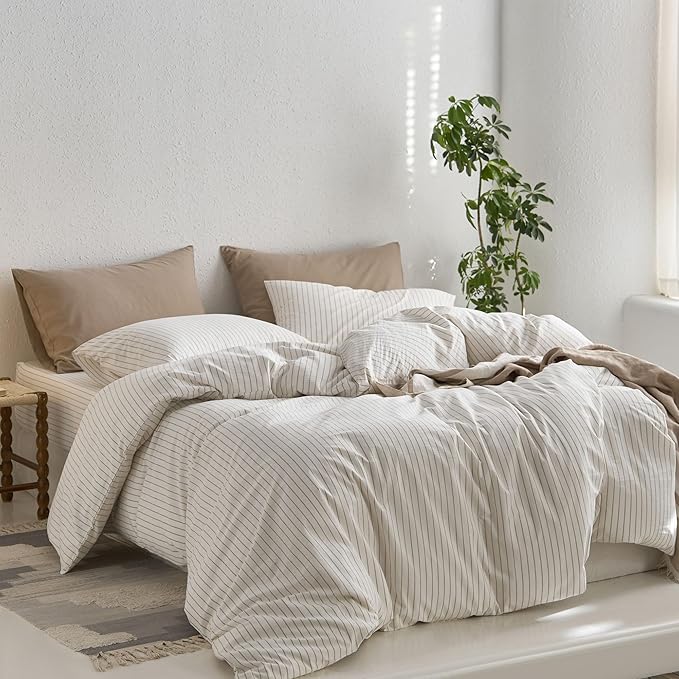 MooMee Striped Duvet Cover Set 100% Washed Cotton Linen Like Textured Breathable Durable Soft Comfy (White Tannish Linen Grey Wide Stripes, King 104"x90")
