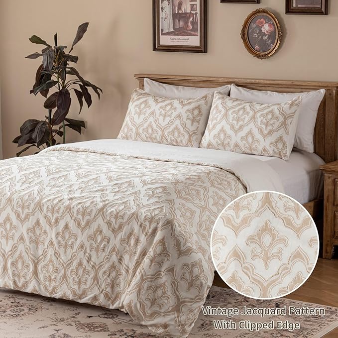 Cotton Floral Clipped Jacquard Duvet Cover King Size Bedding Set, Soft Textured Comfy Breathable Jacquard Comforter Duvet Cover with 2 Pillow Shams, Button Closure&Corner Ties, Khaki Color