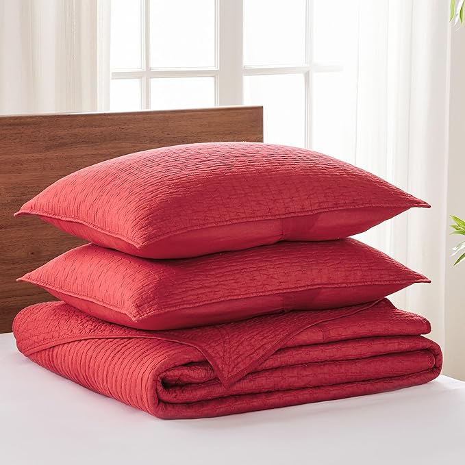 Levtex Home Cross Stitch Bedspread Set - King Bedspread, 2 Shams - Red - Cotton