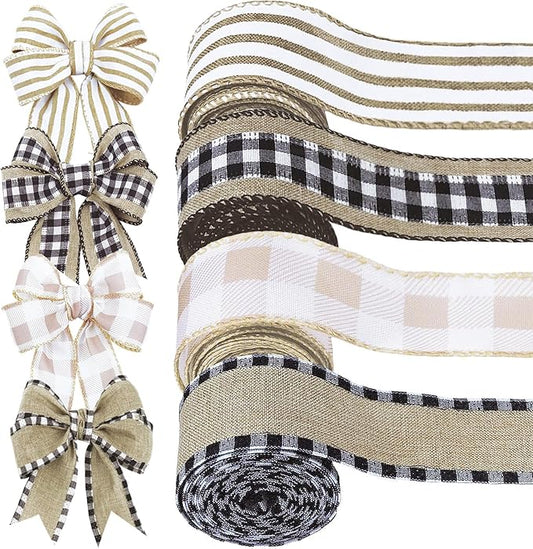 4 Rolls Winter Burlap Checked Ribbon Wire Border Christmas Holiday DIY Present Butterfly Floral Craft Decor 1.5 Inches Wide 13.2 Yard (Natural)