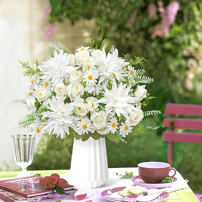 4PCS Artificial Flowers Dahlia Bouquet Fake Flowers White Silk Roses Daisies Faux Floral Arrangements for Dining Table Centerpieces for Kitchen Bridal Bouquet Wedding Party Home Decor