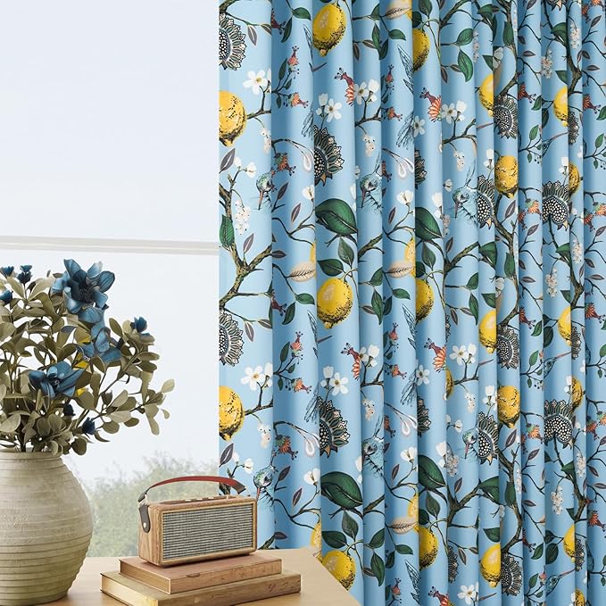Vintage Floral Curtains 90 Inches Long for Living Room Bedroom Luxury Whimsical Lemon Hummingbird Patterned Waverly Mid Century Colorful Pinch Pleated Blackout Drapes 2 Panels，Light Blue