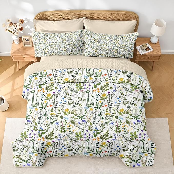Quilt Set Twin Size, Garden Floral 2 Pcs Soft Bed Cover Bedding Set, Country Rustic Farmhouse Lightweight Bedspread Coverlet with Pillow Sham for All Season