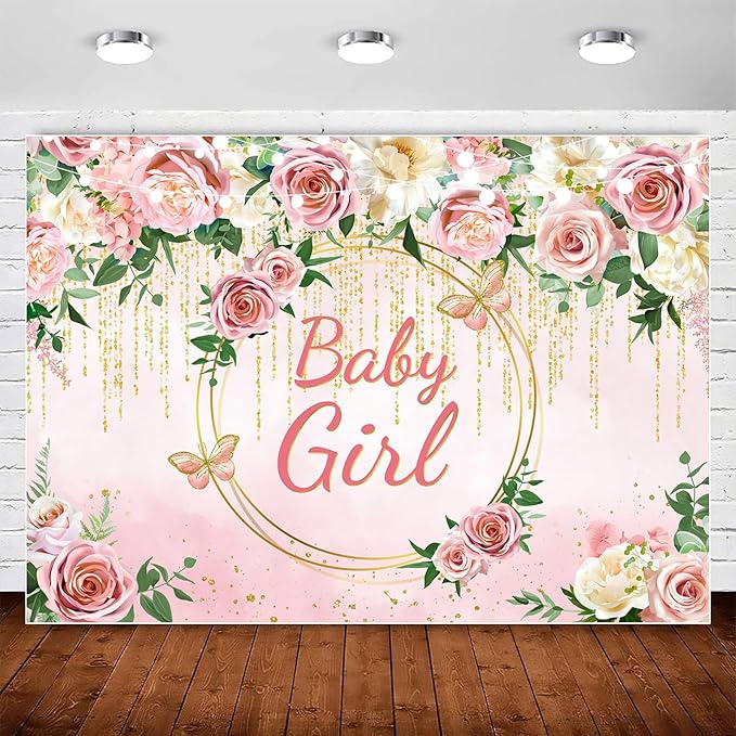 InMemory Pink Rose Baby Girl Baby Shower Backdrop Banner Decorations for Girl,Pink Gold Flower It's a Girl Banner Photography Background for Sweet Girls Baby Shower Party Decor Photoshoot Props 10x7ft