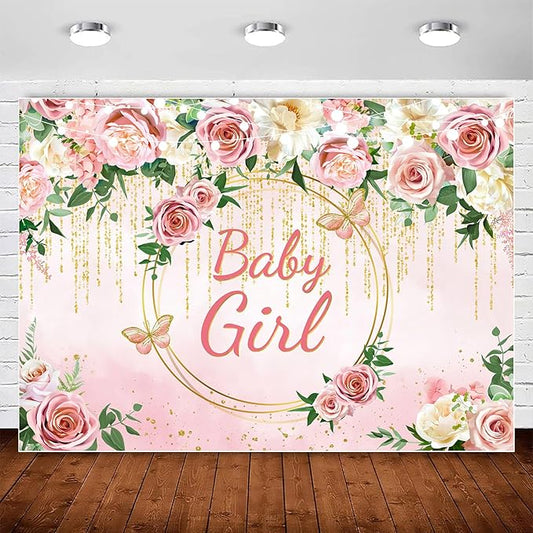 InMemory Pink Rose Baby Girl Baby Shower Backdrop Banner Decorations for Girl,Pink Gold Flower It's a Girl Banner Photography Background for Sweet Girls Baby Shower Party Decor Photoshoot Props 10x7ft