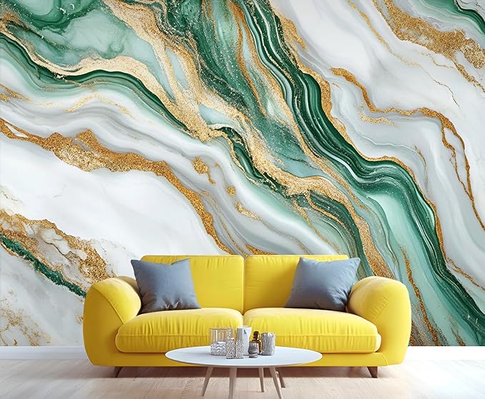 Green Gold Marble Wall Mural, Elegant Marble 3D Wall Murals, Luxury Stone Texture Wallpaper Mural, for Living Room Bedroom Large Wallpaper Indoor Decor 197" W x124.8 H
