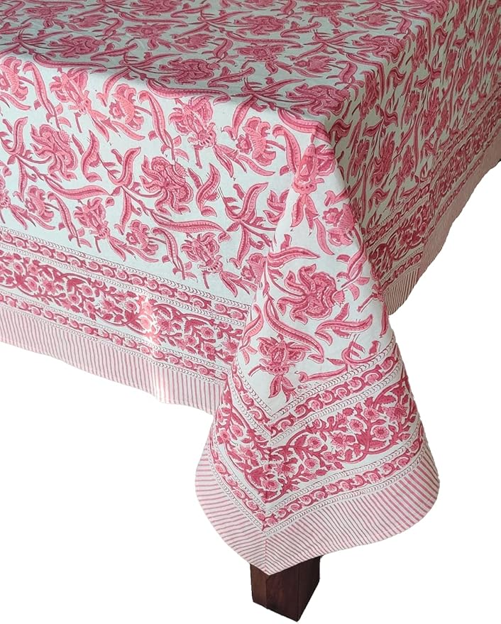 ATOSII Red Bloom 100% Cotton Tablecloth, Handblock Print Square Table Cover for Kitchen Dining I Tabletop Linen I Parties, Wedding, Spring SummerTable Cloth 60 X 60 Inches