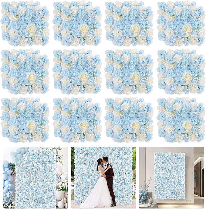 Wedding Flower Wall Backdrop Panels - Blue 24 Packs 3D Floral Wall for Birthday Party Baby Shower Photography Decoration