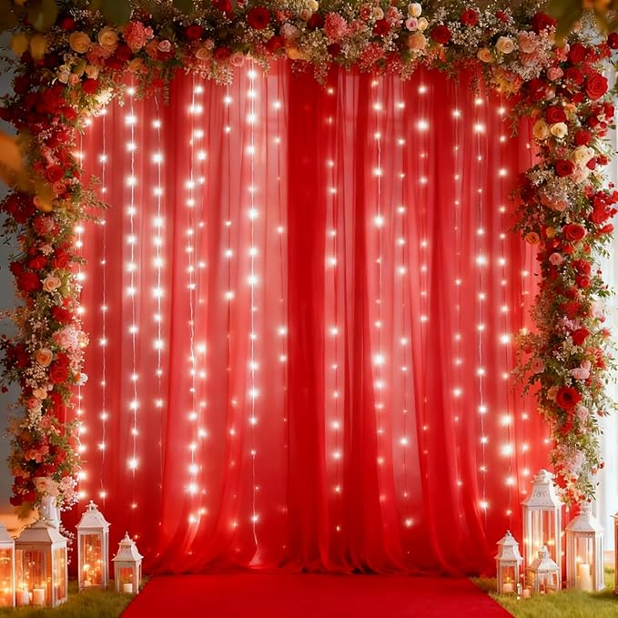 10x10ft Red Tulle Backdrop Curtain with Lights String for Parites, Sheer Backdrop Curtains for Christmas Wedding Baby Shower Birthday Party Photo Shoot Decorations