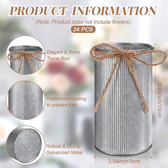Domensi 5.91 in High Farmhouse Vase Decor Galvanized Metal Flower Vase with Twine Bow Vintage Rustic Tin Flower Buckets for Artificial Floral Table Container DIY(Iron Color,24 Pcs)