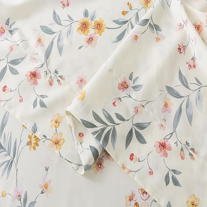 FADFAY Floral Sheets Queen Vintage Pink Floral Bedding Shabby Beige Elegant Botanical Sheets Rustic Farmhouse Bedding 800 Thread Count 100% Egyptian Cotton Deep Pocket Fitted Sheet 4Pcs, Queen Size