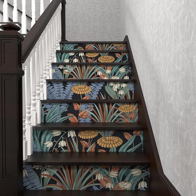 Boho Floral Peel and Stick Wallpaper Tropical Leaf Contact Paper,Vintage Botanical Flower Wall Paper, Self Adhesive Wall Mural 17.5" x 393" for Bedroom Cabinet Countertop Decor (Black, Orange, Blue)