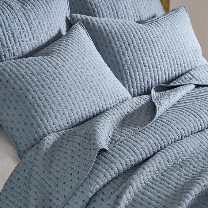 Levtex Home - Cross Stitch Chambray Quilt Set - King Quilt + Two King Pillow Shams - Cross Stitched Pattern - Quilt Size (106x92in.) and Pillow Sham Size (36x20in.) - Reversible - Cotton Fabric