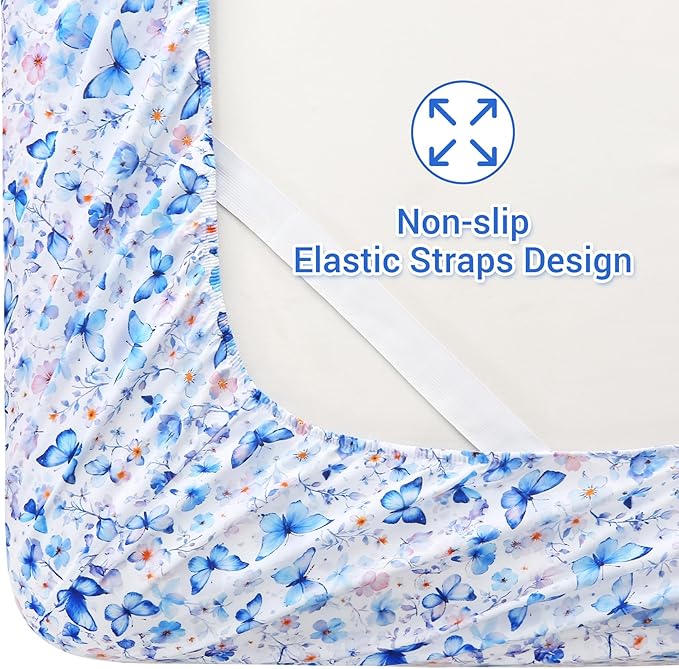 Softan Full Floral Sheets, Microfiber Blue Flower Printed Fitted Sheets with Non-Slip Corner Straps and 15" Deep Pocket, Butterfly Patterned Cozy Bed Sheets Double Sheets & Pillowcase Sets