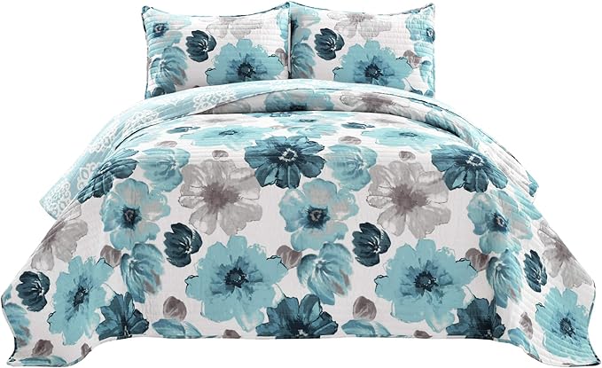 Lush Decor Leah Reversible Floral Quilt Set, 3 Piece Set, King, Blue - Watercolor Botanical - Cottage Core - French Country Decor- Bedding Queen Size