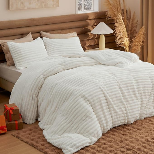 Bedsure Fluffy Duvet Cover Set - Ultra Soft Plush Shaggy Comforter Cover King Size, Warm Flannel Fleece Bed Sets for Winter, 3 Pieces (Striped Pattern, Coconut White)
