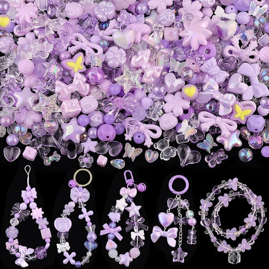 Assorted Acrylic Beads, 200-260PCS Purple Cute Beads for Bracelet Making, GummyBear Bow Flower Candy Kawaii Charms for Jewelry Making DIY Necklace Keychain Phone Charm Christmas Gift