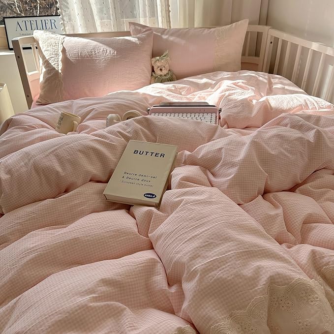 LifeTB Pink Gingham Duvet Cover Twin XL 3 Pieces Romantic Lace Duvet Cover Pink Plaid Checkered Comforter Cover with 2 Pillowcases Soft Breathable Microfiber Grid Farmhouse Plaid Bedding Set