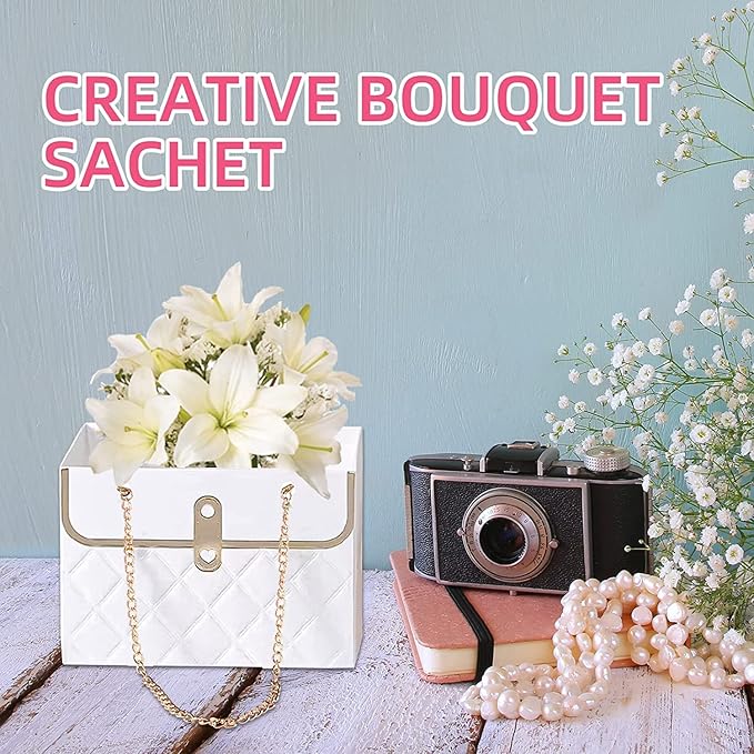 NADUSEP 4 PCS Flower Paper Gift Bag, Bouquet Storage Bucket Florist Handbag with Metal Chain Flower Boxes, Gift Wrap Bag for Arrangements Graduation Wedding Birthday Anniversaries Party, Valentine's Day, Mother's Day Bridal Shower, Anniversary, Thanksg...