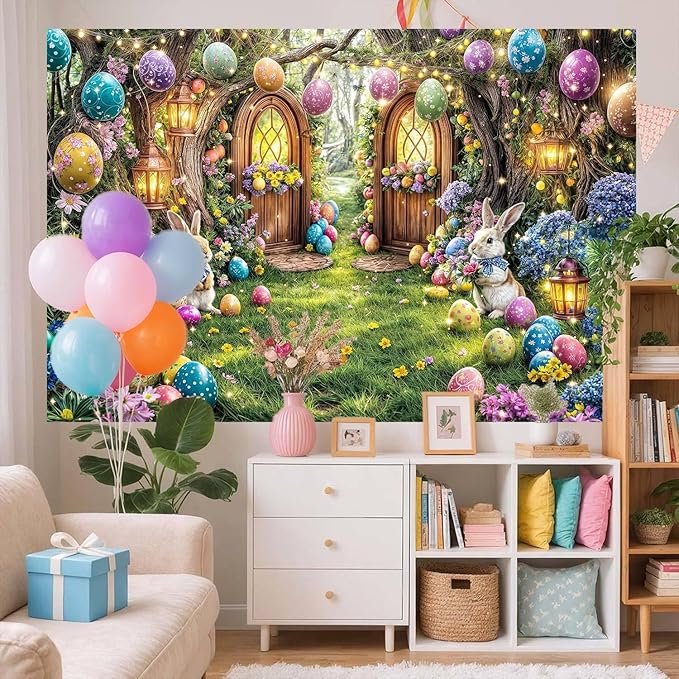 12X10ft Enchanted Forest Easter Backdrop Fairy Tale Rabbit Magic Garden Easter Egg Wonderland Floral Photography Background for Kids Girls Party Decoration Cake Table Photo Booth Props
