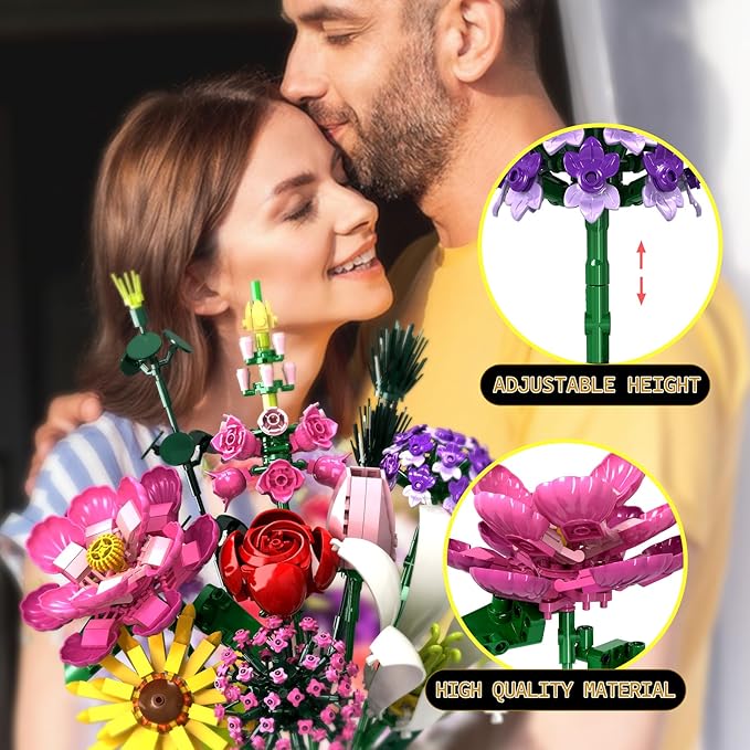 Flower Building Kit, 699 PCS Eternal Flower Bouquet with Peony, Rose, Sunflower, Lily & More, DIY Floral Arrangement Set for Home Decor, Gift for Christmas Day, Building Blocks for Adults & Kids