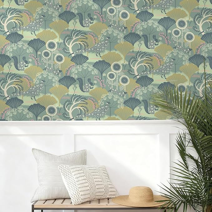 Wudnaye Green Floral Peel and Stick Wallpaper Vintage Contact Paper for Cabinets 17.7inch×118.1inch Neutral Peacock Removable Wallpaper Self Adhesive Boho Wall Paper for Bedroom Cabinet Decor Vinyl