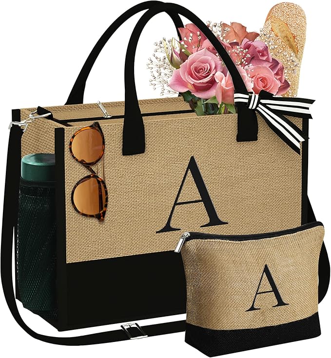 YOOLIFE Christmas Gifts for Women - Initial Jute Tote Bag & Makeup Bag, Birthday Gifts for Women Mom Wife Teacher Friend