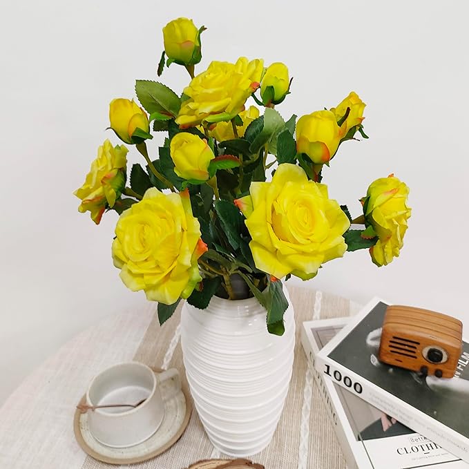 ATFL Fake Flowers, Yellow Rose,6 Pcs Faux Silk Real Touch Moisturizing Artificial Rose Flowers for Decoration,Flores Irosas Artificiales para Decoracion (6, Yellow)