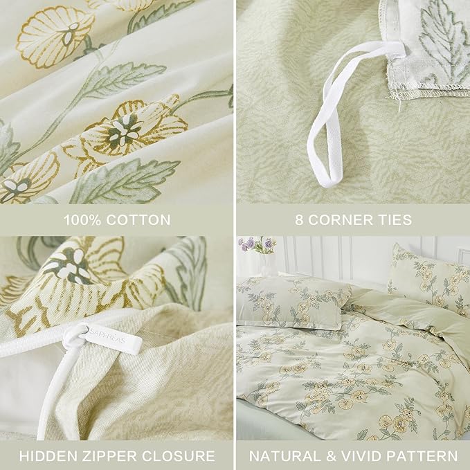 SAPHREAS Green Leaf Cotton Duvet Cover Set Queen Size 3pcs Tropical Botanical Yellow Flower Bedding Comforter Cover Set 1 Duvet Cover 2 Pillow Shams, Comforter Not Included
