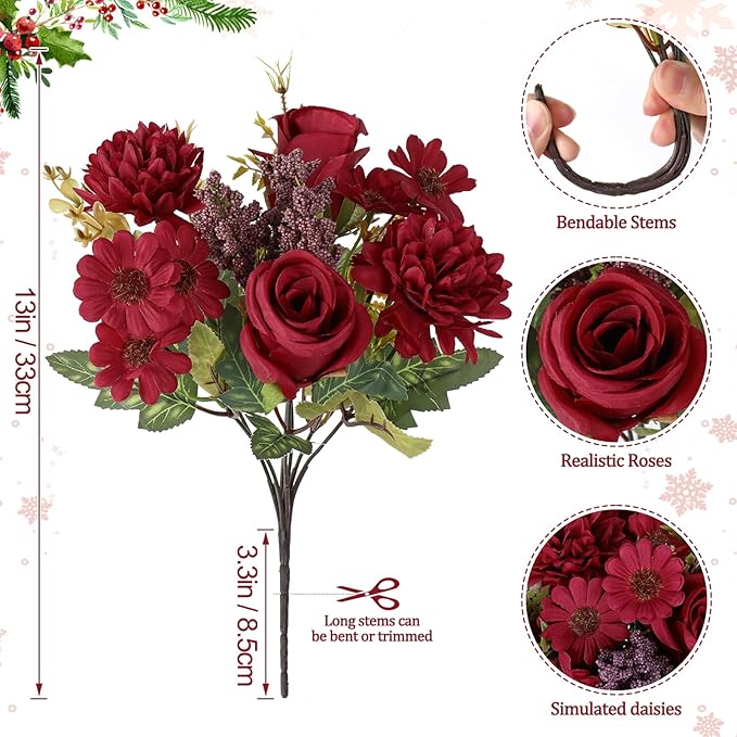 Dremisland Artificial Christmas Flowers 2 Bundles Fake Roses Silk Like Real Artificial Bouquets with Daisy Chrysanthemum Faux Flowers Arrangements for Christmas Centerpiece Table Home Decor