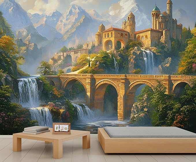 Fantasy Castle Wall Mural, Magical Waterfall Landscape 3D Wall Murals, Royal Palace Wallpaper Mural, for Living Room Bedroom Large Wallpaper Indoor Decor 177.16" W x120 H