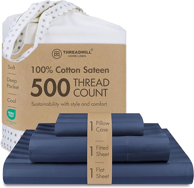 Threadmill 500 Thread Count Twin-XL Size Damask Stripe, 3 Pc Luxury Cotton Bed Sheet Set, Breathable Folkstone Blue Sheets with 15" Elasticized Deep Pocket, 1 Pillowcase & Free Tote Bag