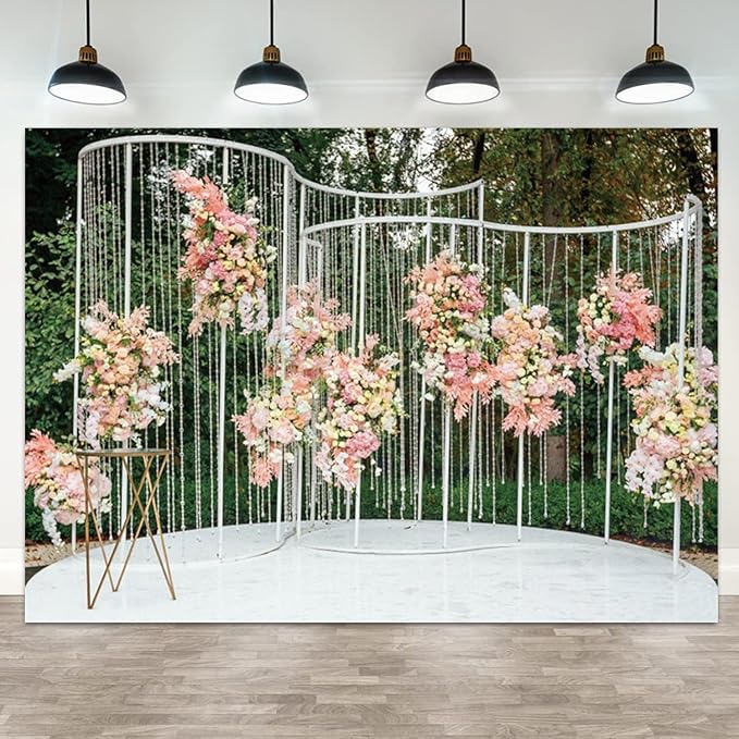 8x6ft Pink Floral Backdrop Green Leaves White Flowers Romantic Wedding Photography Background Natural Theme Birthday Banner Decorations Newborn Baby Shower Portrait Photo Booth Prop