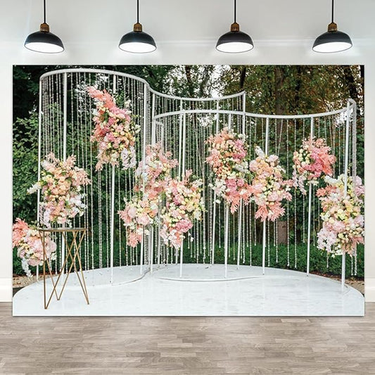 12x8ft Pink Floral Backdrop Green Leaves White Flowers Romantic Wedding Photography Background Natural Theme Birthday Banner Decorations Newborn Baby Shower Portrait Photo Booth Prop