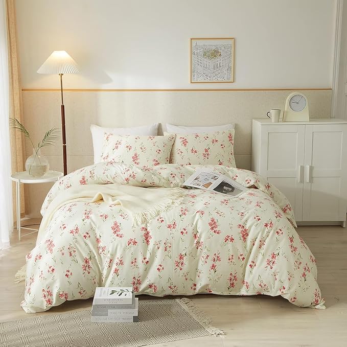 Boho Floral Duvet Cover Full Soft Cotton Girls Pink Floral Bedding Set Chic Garden Style Cute Flower Pattern Duvet Cover Vintage Floral Botanical Comforter Cover 1 Full Duvet Cover with 2 Pillowcases