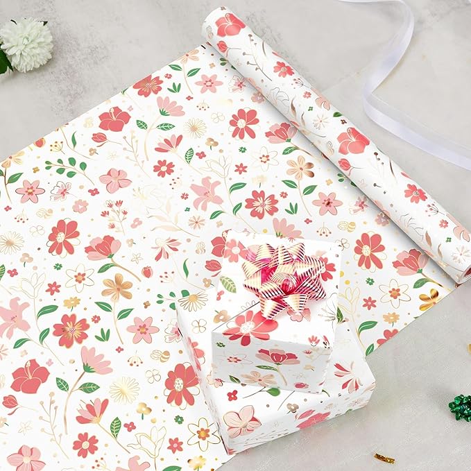 WERNNSAI Pink Floral Wrapping Paper - 1 Roll 17”x 33 ft Vintage Daisy Flower Gift Wrapping Bridal Shower Wrapping Paper for Kids Birthday Wedding Party Baby Shower Supply Reversible Metallic Foil Dots Design