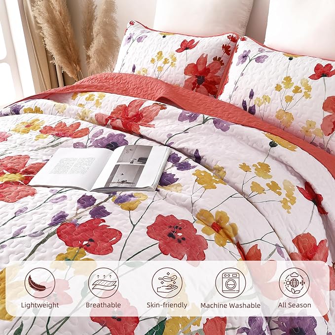 Anibedding Floral Quilt Set Queen Size, Red Bedspread 3 Pieces Botanical Flower Bedding Set Soft Microfiber for All Season (Queen, 96"x90")