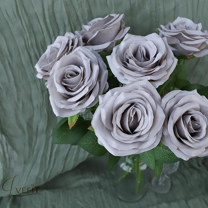 12pcs Artificial Rose Flower Grey Rose Flowers with Long Stem Silk Roses Bouquet for Wedding Bridal Shower Party Home Decoration