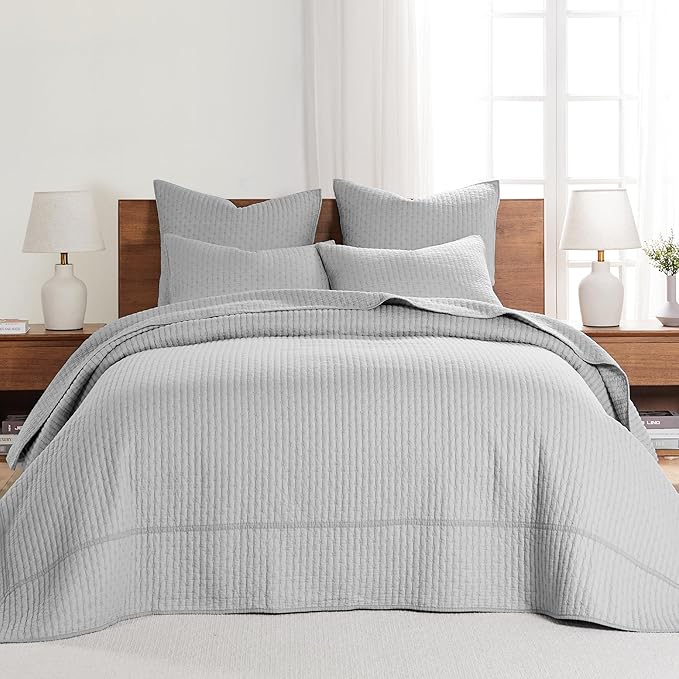 Levtex Home Cross Stitch Reversible Twin Bedspread Set (84x104in) with 1 Pillow Sham (26x20in) - Stitch Texture - Light Grey - Cotton Twin Size Bedspread Set - Lightweight, Soft, Pre-Washed