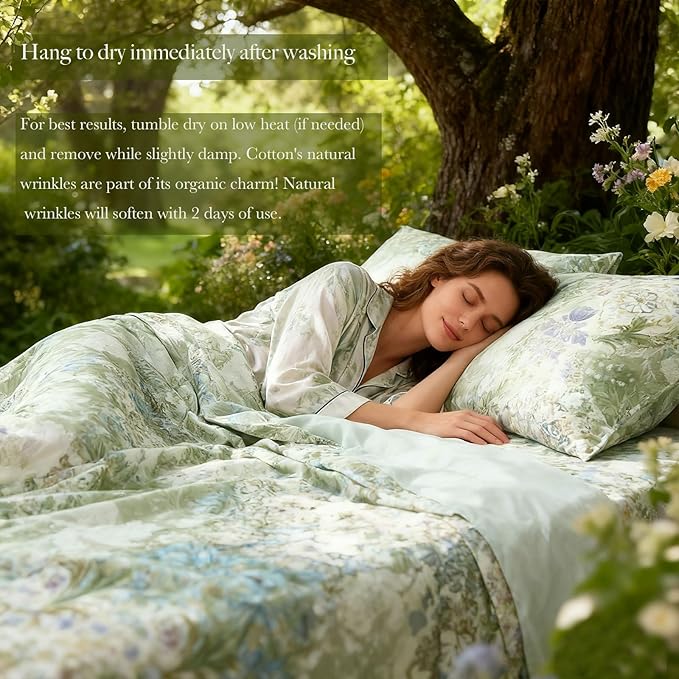 Zusbest California King Sheets Luxury Sage Green Floral Bed Sheet Set 100% Cotton, Satin Weave Soft Silky Breathable for Hot Sleepers American Country Vintage Flower Deep Pocket 17.5‘’ Bed Set 4Pcs