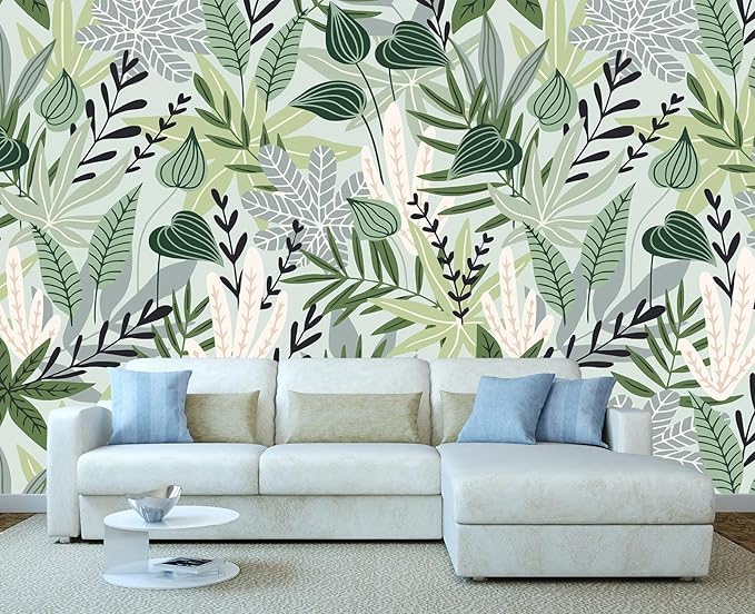 Cliouar-Watercolor Green Leaves Tropical Plants Bedroom Living Room Decoration Mural Wallpaper 158" x 110"(Not Self-Adhesive)