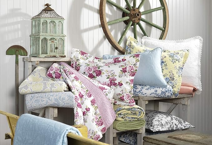 Laura Ashley - Twin Quilt Set, Reversible Cotton Bedding with Matching Sham, Medium-Weight for Year Round Use, Dorm Essentials (Paisley Printed Patchwork Blue)