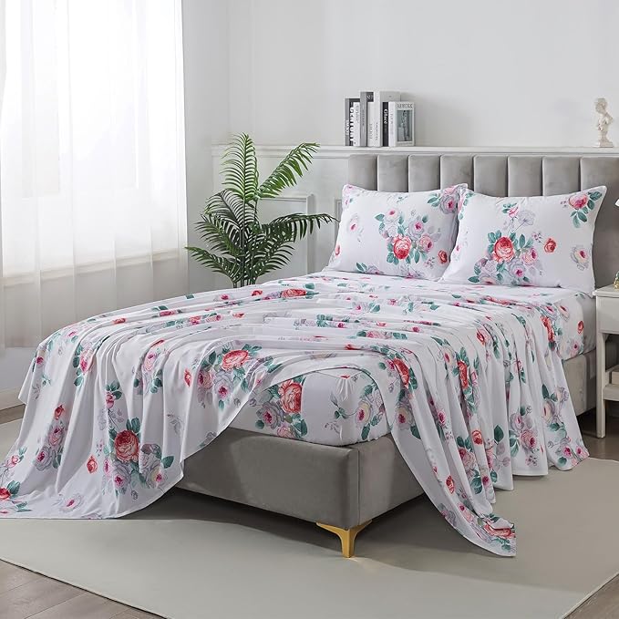 FADFAY Red Vintage Peony Floral Queen Size Sheets Set 100% Brushed Cotton Shabby Purple Rose Pattern Bedding Set Deep Pocket Sheets with 2 Pillowcases Luxury Breathable Soft 4pcs, Queen Size