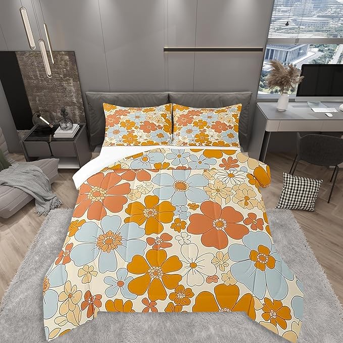 Castle Fairy Retro 70s 60s Floral Hippie Bedding Comforters Queen Size,Summer Groovy Flowers Comforter Set with 2 Pillowcases,Boho Plant 3pcs Children Adult Duvet Set,Soft
