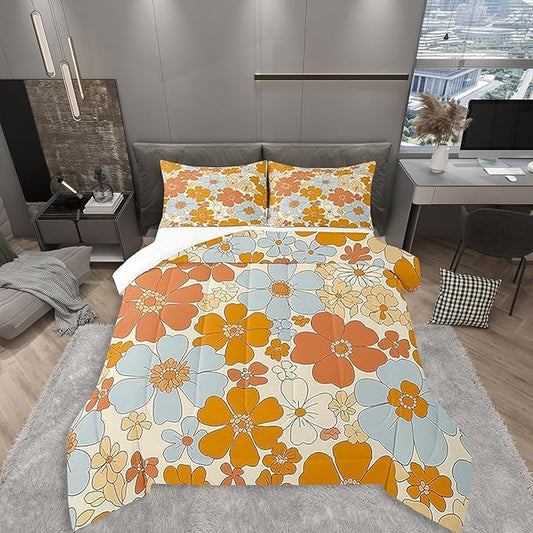 Castle Fairy Retro 70s 60s Floral Hippie Bedding Comforters Queen Size,Summer Groovy Flowers Comforter Set with 2 Pillowcases,Boho Plant 3pcs Children Adult Duvet Set,Soft