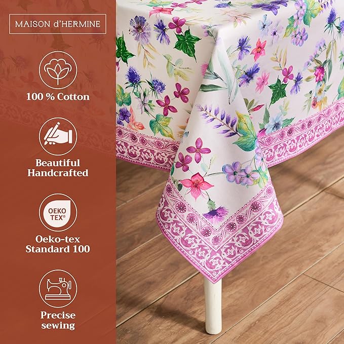Maison d' Hermine Table Cloth Rectangle Table 100% Cotton 54 x 72 Inches Tablecloth Reusable Decorative Everyday Use for Dining Room, Farmhouse, Home, Party, Festive & Wedding Spring Summer - Chardon